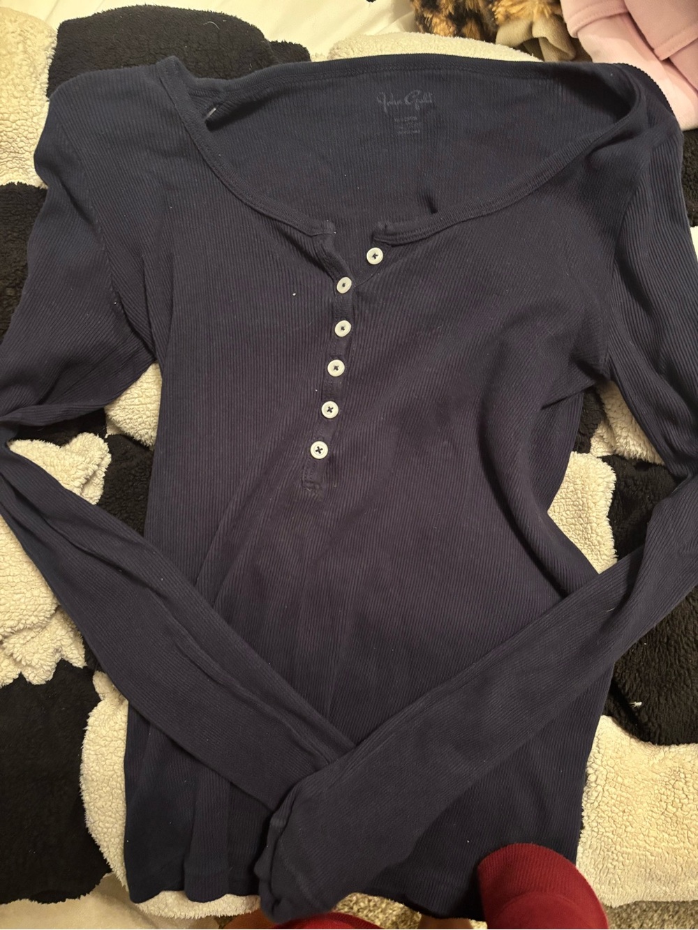 Brandy Melville Navy Ribbed Henley Long-Sleeve Top